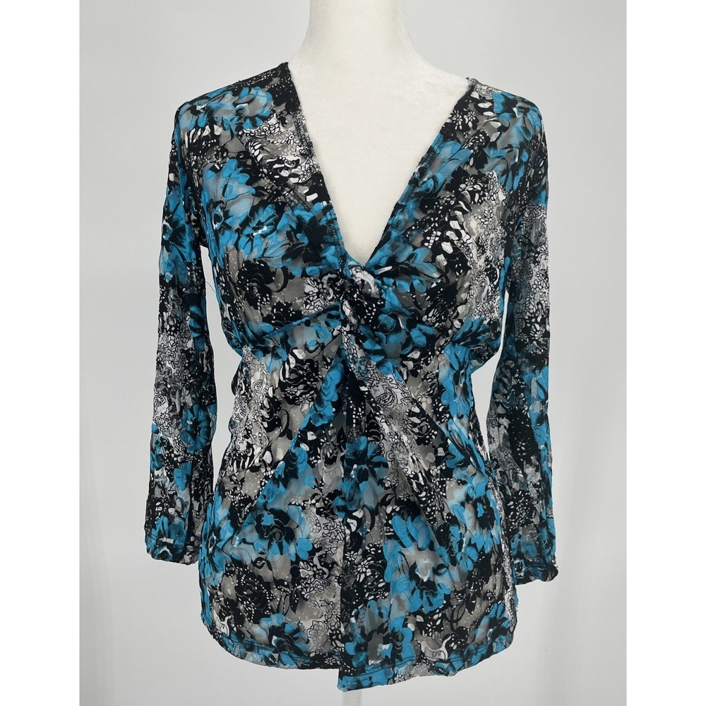Womens Blue Black‎ Fairy Floral Mesh Top Sz M Coquette Stretchy Y2K Made In USA